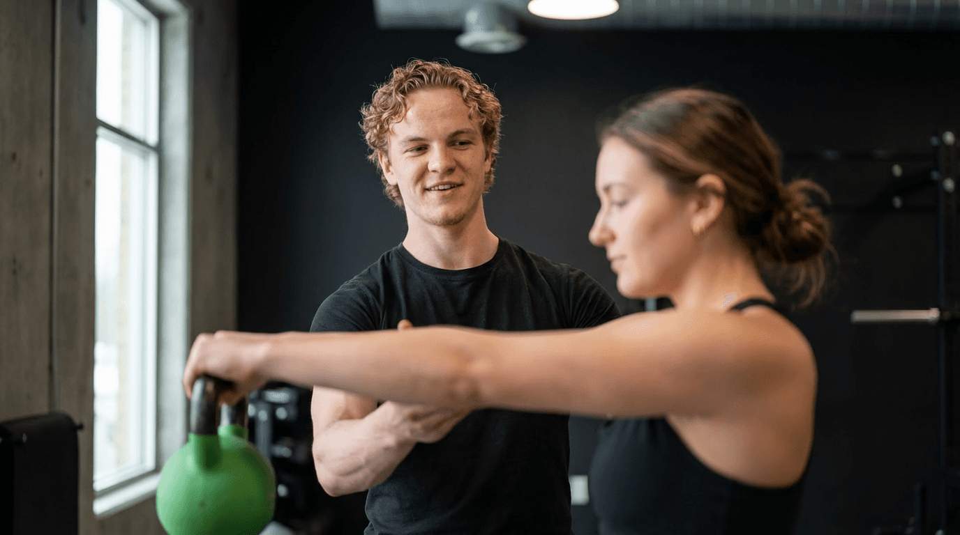 Jesper coachar en klient med kettlebell